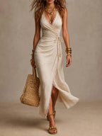 Natural Linen Wrap-Front Ruched Midi Dress With Lace Trim