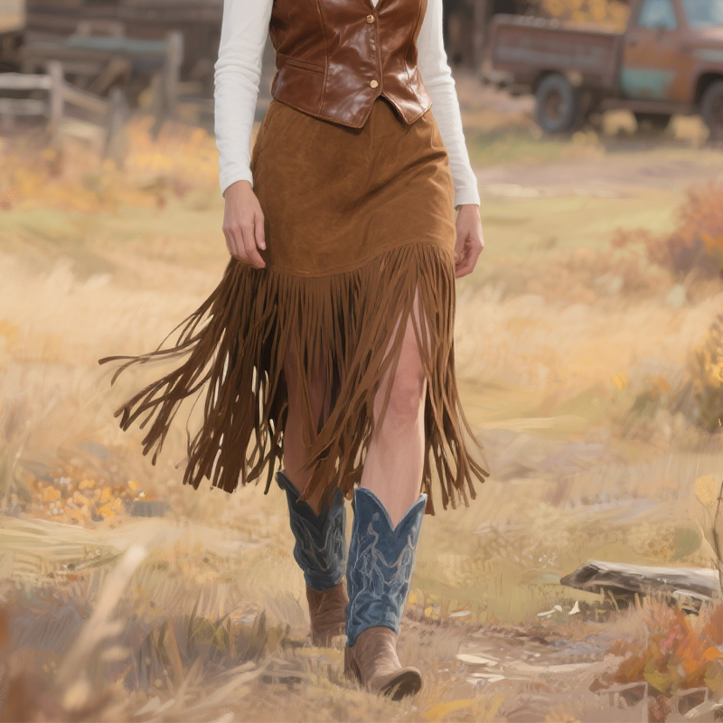 Women's Western Style Suede Fringe Skirt