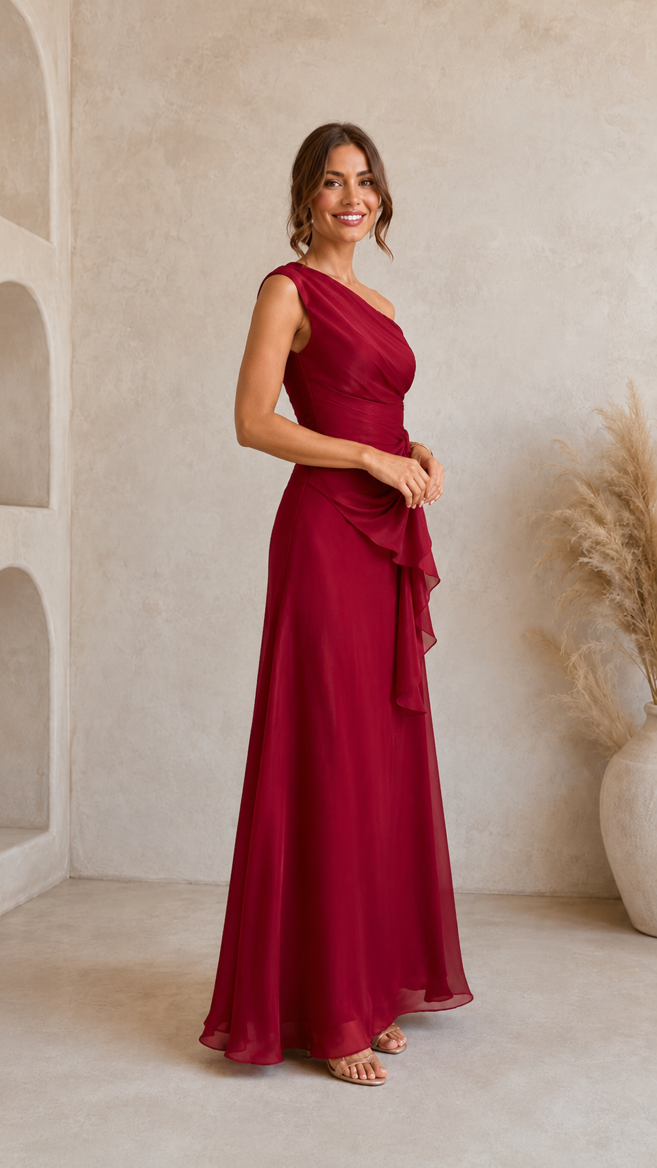 One-Shoulder Ruffle Waist Maxi Evening Dress