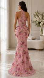 Floral Sequin Halter Mermaid Maxi Gown