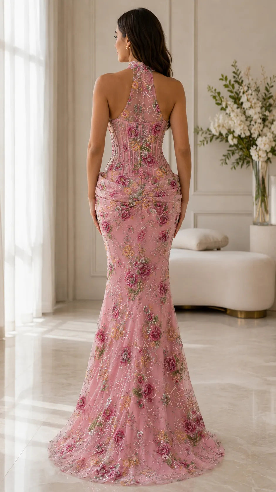 Floral Sequin Halter Mermaid Maxi Gown