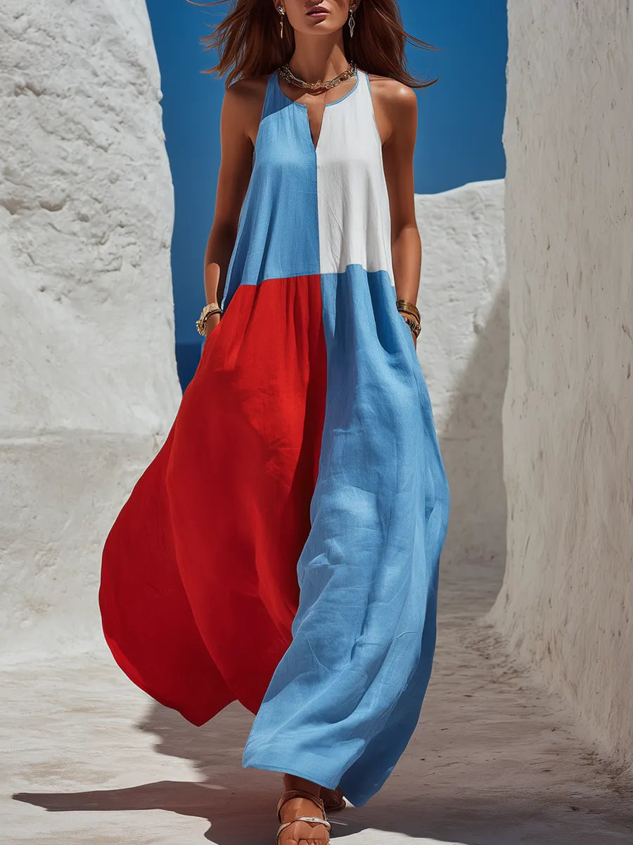 Retro Sleeveless Color-blocked Maxi Dress
