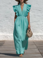 Capri Vibe Turquoise Linen Blend Ruffle Sleeve Maxi Dress
