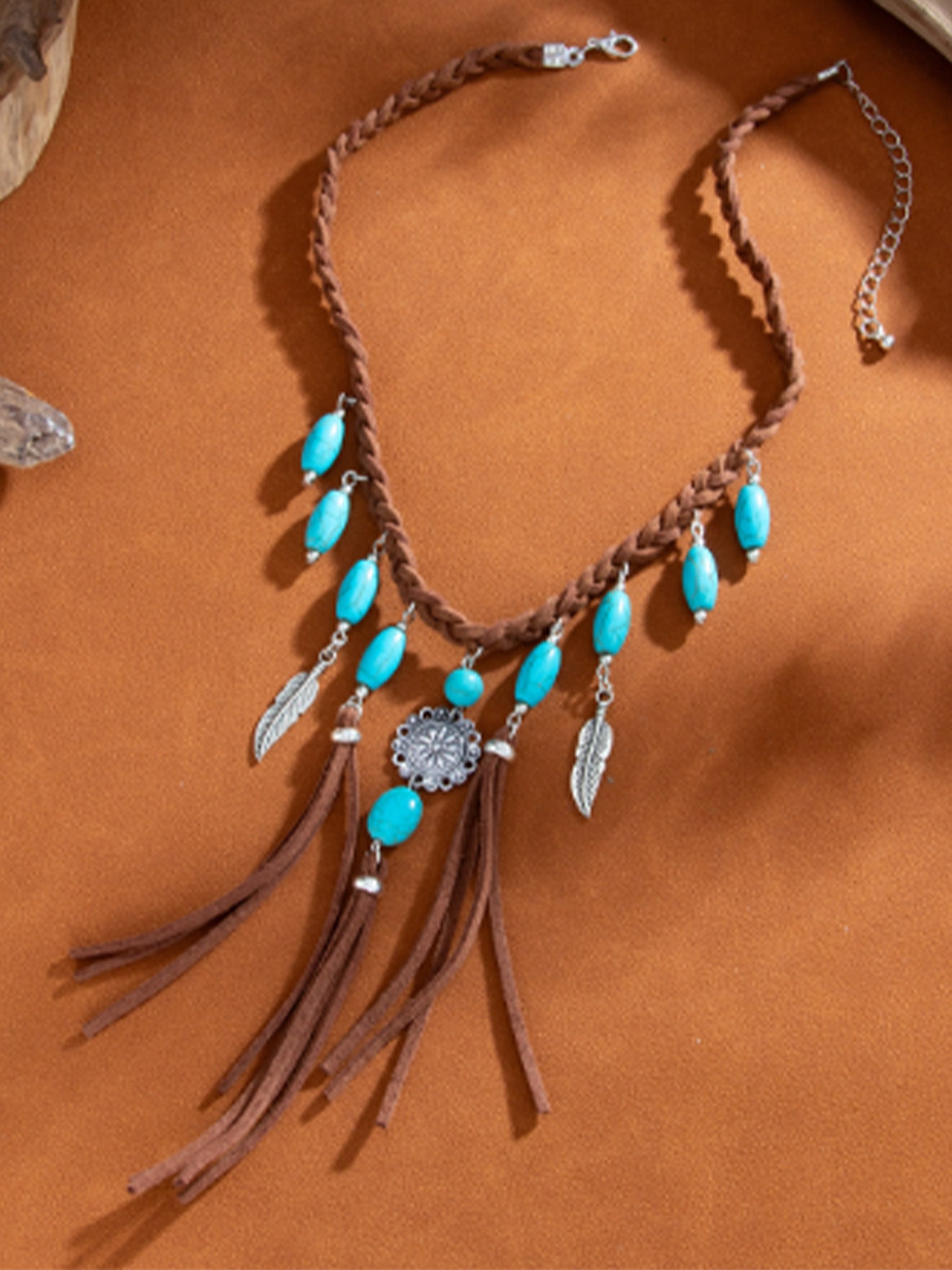 Ideal For Music Festivals Or Wilderness Shoots — Vintage Coffee Braided Leather & Turquoise Inlay Dynamic Feather Tassels Handcrafted Boho Chic Necklace