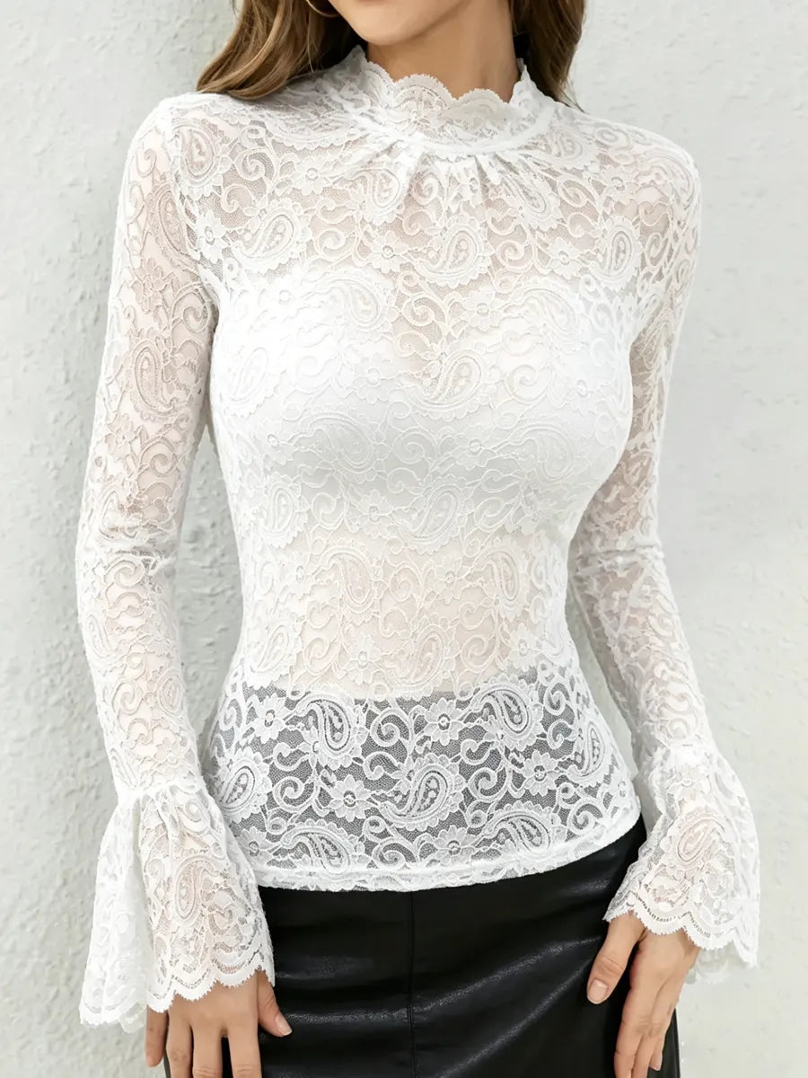 Women's Sexy Lace Trim Bell Sleeve Top