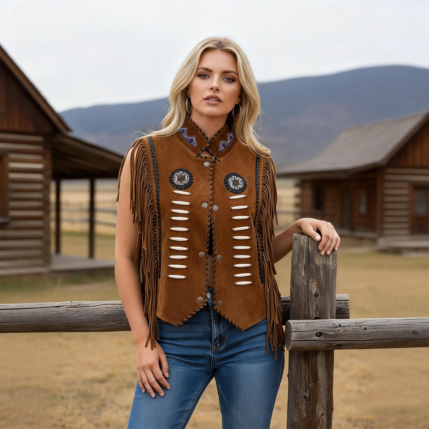 Women's Vintage Western Style Fringed Vest With Embroidered Details
