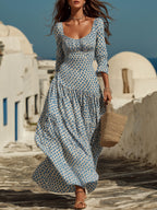 Mediterranean Holiday Crinkled Fabric Blue Polka Dot Square Neck Three Quarter Sleeve Tiered Maxi Dress