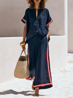 Old Money Style Contrast Trim Cotton-Linen Short-Sleeve Top And Wide-Leg Pants Set