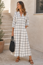 Windowpane Check Print Button-Front Maxi Shirt Dress with Half Sleeves