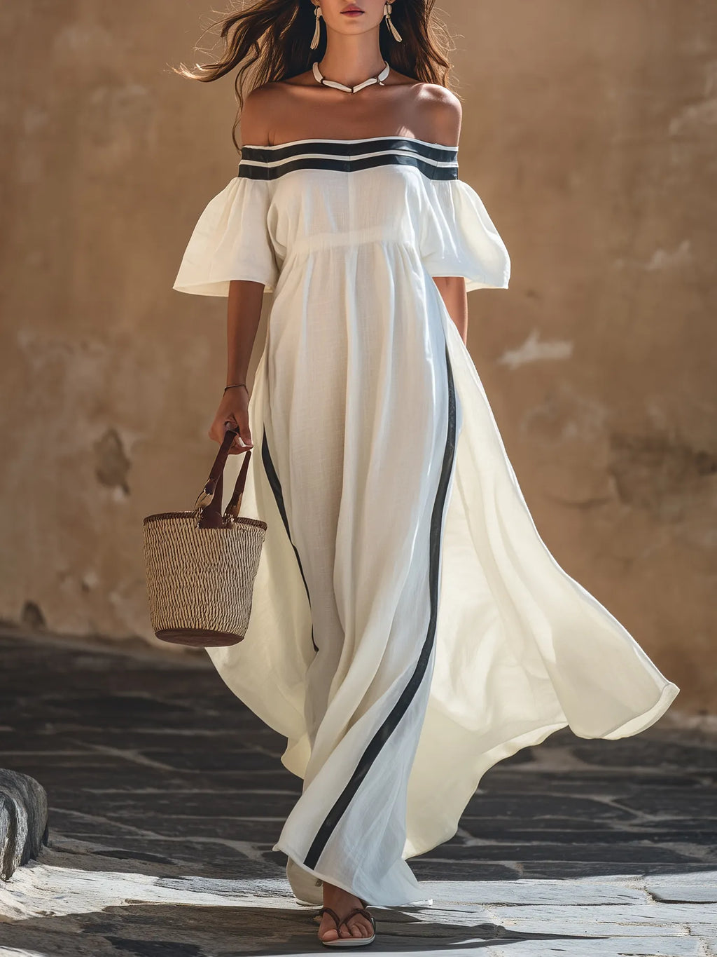 Tropical Beach White Off Shoulder Stripe Trim High Slit Maxi Dress