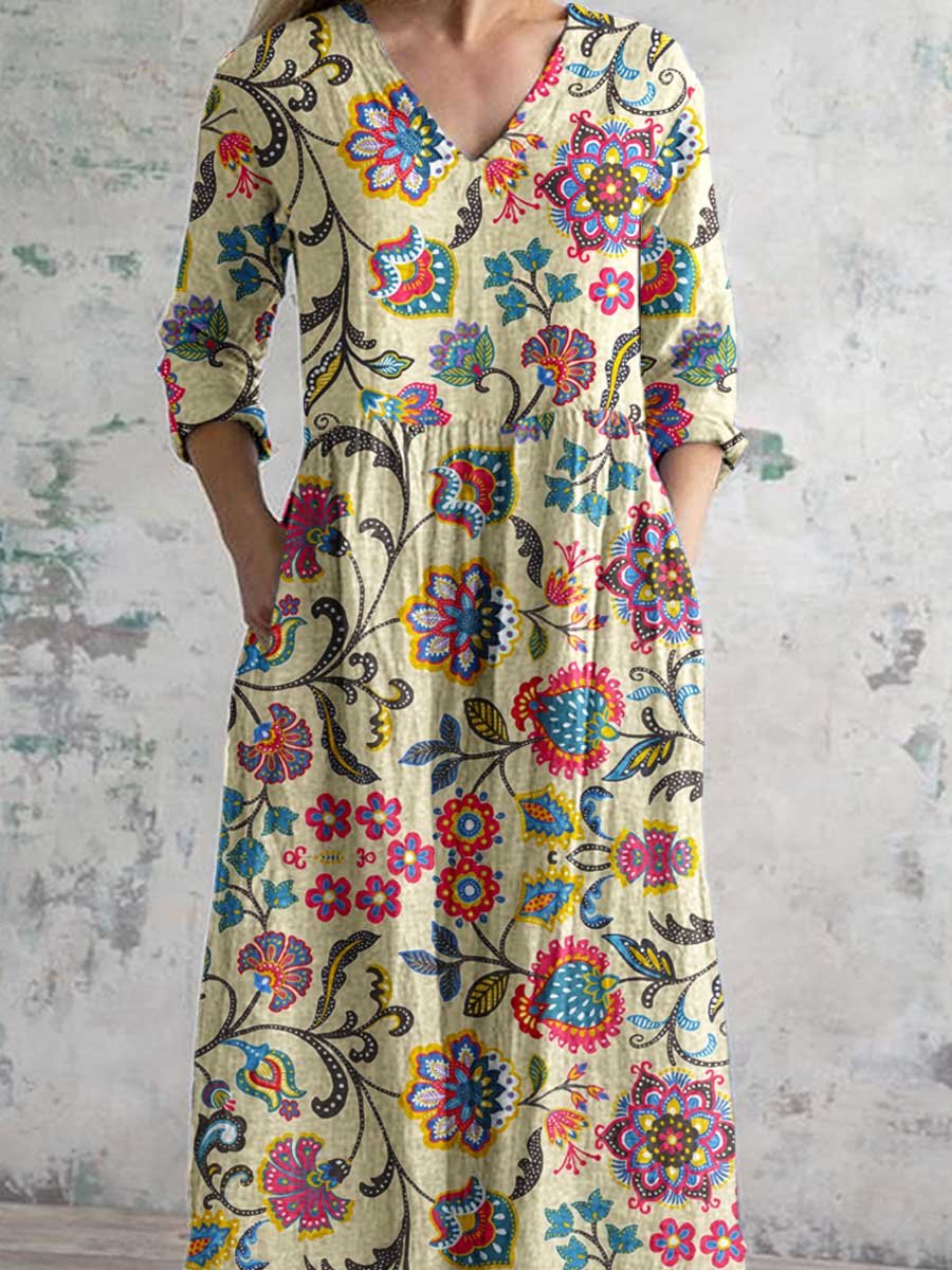 Elegantes Damenkleid mit Blumenmuster, V-Ausschnitt und Baumwollstoff mit Taschen