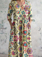 Elegantes Damenkleid mit Blumenmuster, V-Ausschnitt und Baumwollstoff mit Taschen