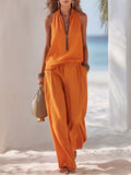 Bohemian Vacation Style Vibrant Orange Cotton And Linen Stand-up Collar Half-zip Sleeveless Top And Wide-leg Pants Set