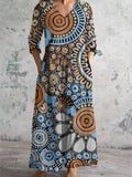 Women's V-Neck Geometric Pattern Art Print Cotton And Linen Pocket Dress