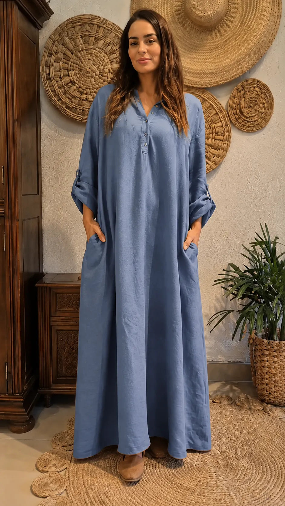 Boho Linen Blend Maxi Dress - Oversized Flowy Kaftan Style with Pockets & Button Detail