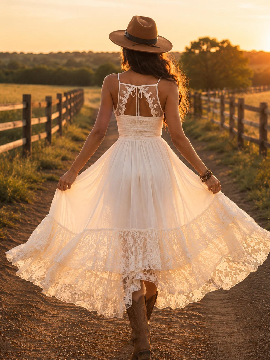 Perfect for Country Ranch Vacations — Cream White Asymmetric Lace Ruffle High-Low Dress