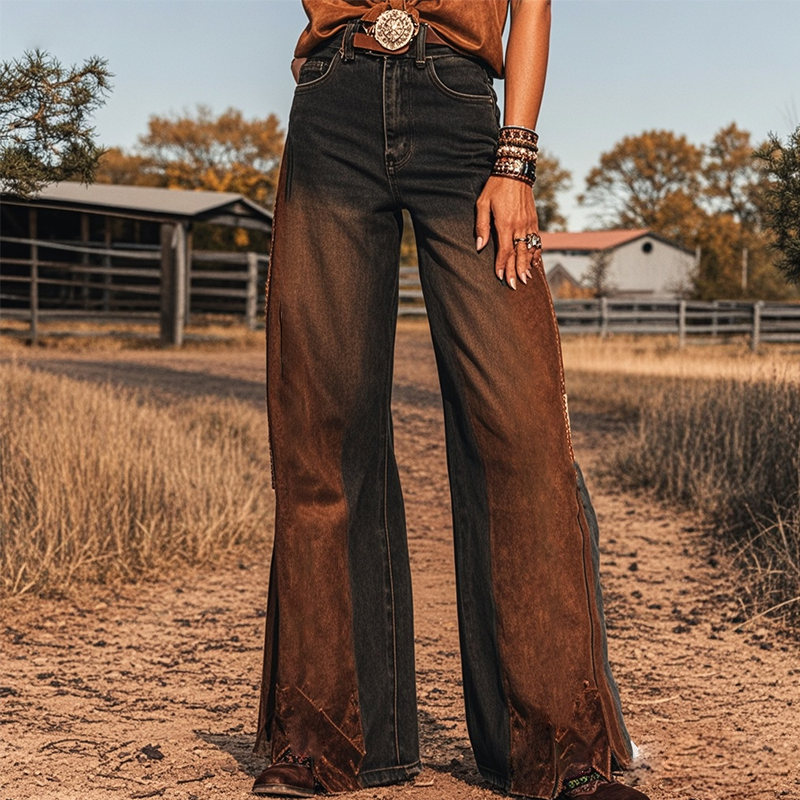 Women's Retro Distressed Western Gradient Printed Faux Denim Wide Leg Pants