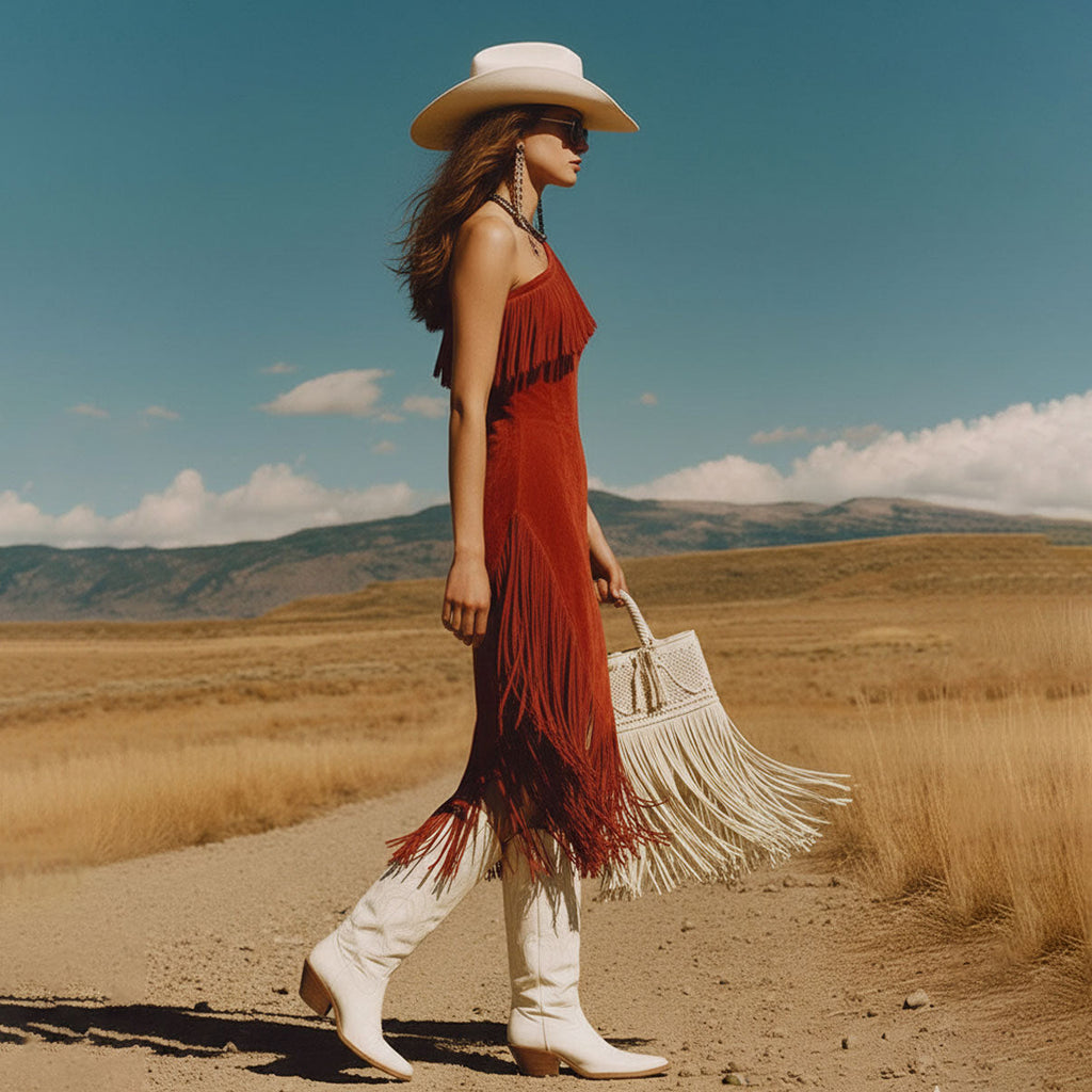 Spring Outfits Western Retro Red Faux Suede Tassel Off-Shoulder Midi Dress