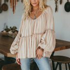 Women's Elegant, Oversized, Comfortable Striped V-neck Long-sleeved T-shirt