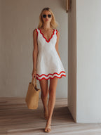 Island Vacation White And Red Scallop Trim Linen-Blend Mini Dress