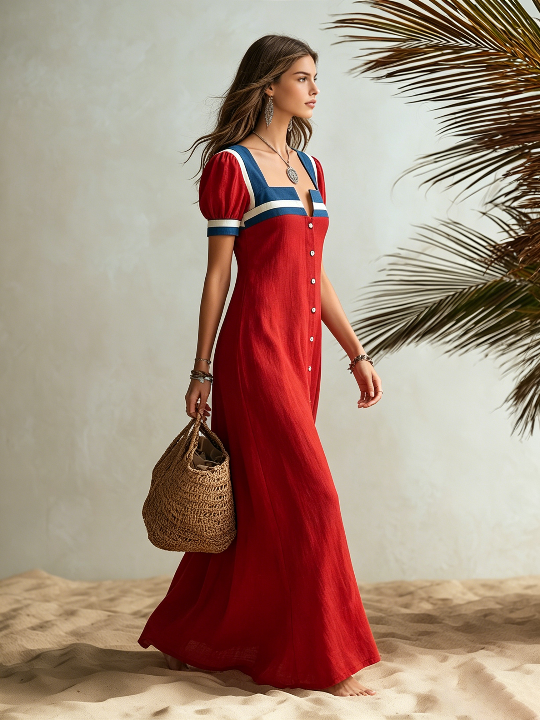 Vacation-style Short-sleeve Square-neck Button-front Maxi Dress