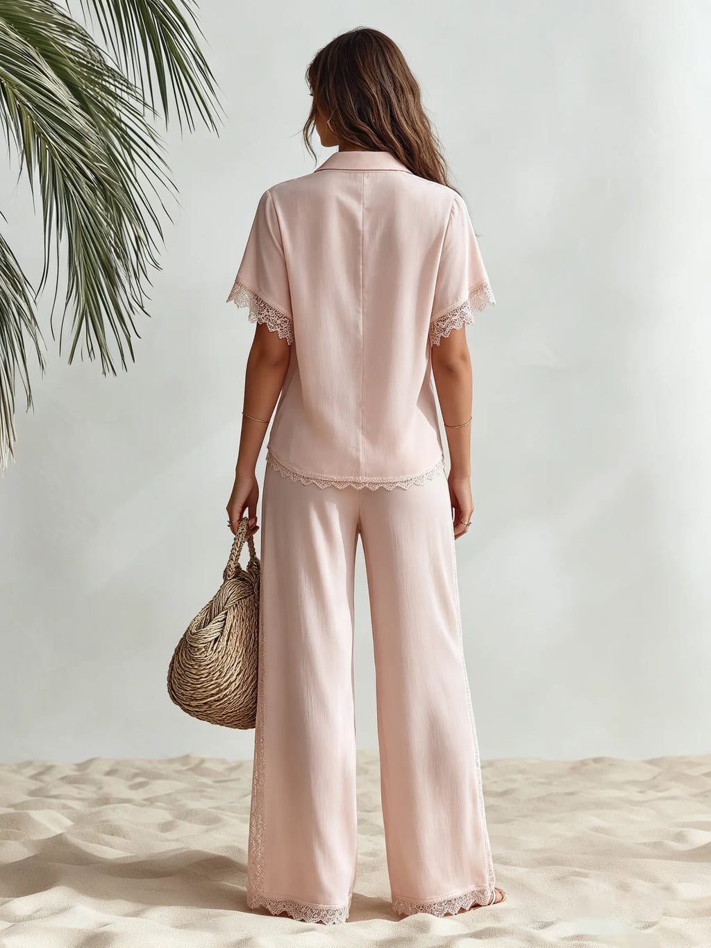 Resort-style V-neck Short-sleeve Lace-trim Top And Trousers Set