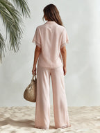 Resort-style V-neck Short-sleeve Lace-trim Top And Trousers Set
