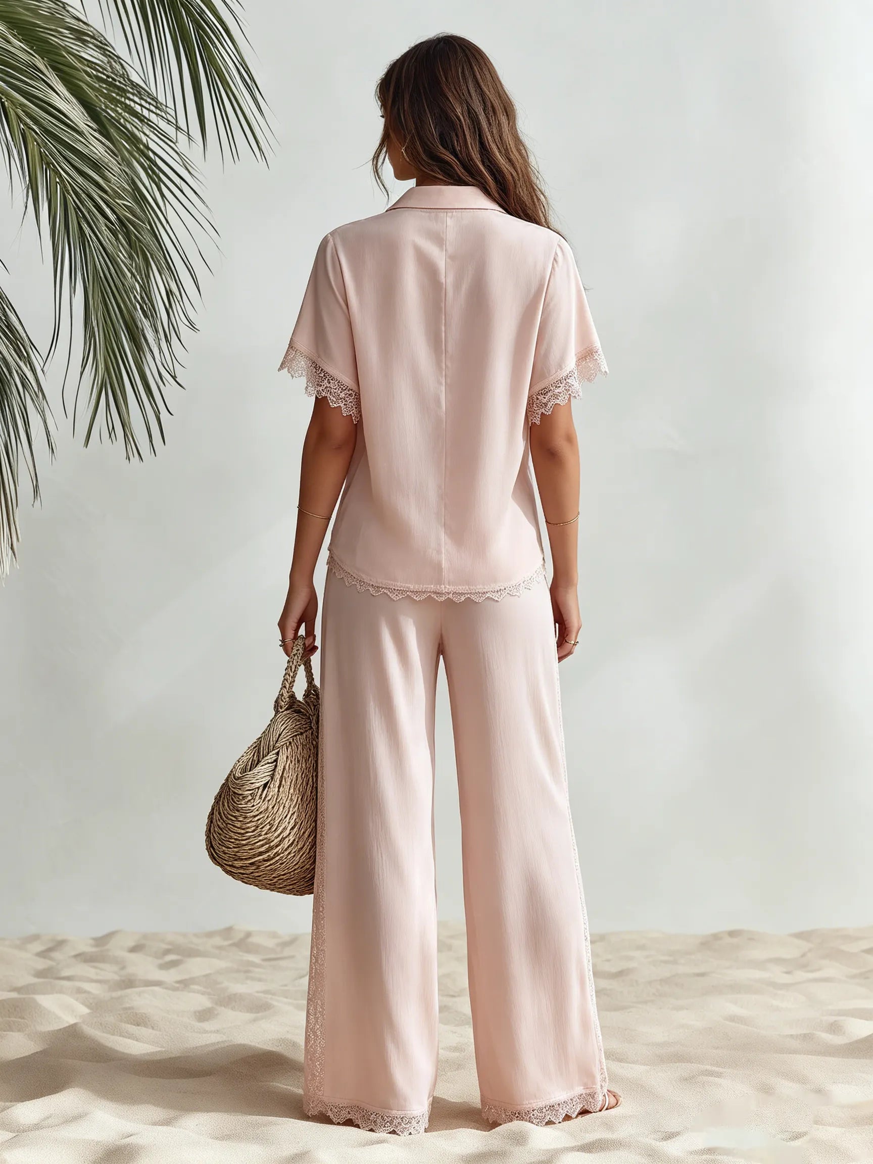 Resort-style V-neck Short-sleeve Lace-trim Top And Trousers Set