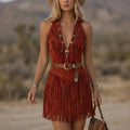 Faux Suede Fringe Mini Dress With Deep V-Neck And Decorative Conchos