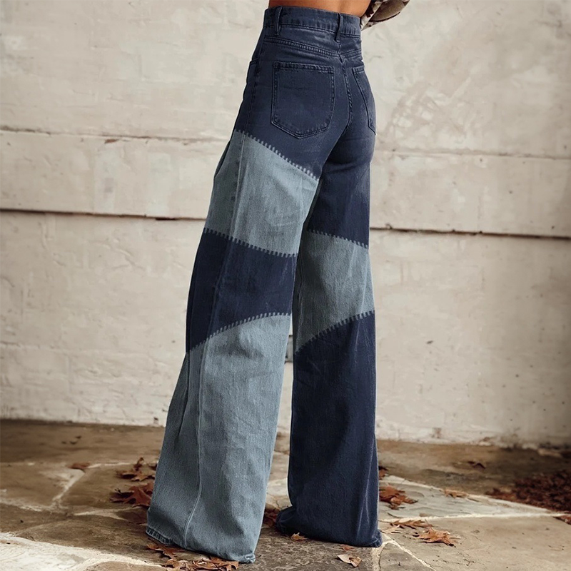 Women's Retro Western Country Style Patchwork Printed Faux Denim Wide Leg Pants