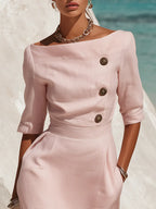 Retro Elegant Boat Neck Three-quarter Sleeve Solid Color Cotton Linen Midi Dress