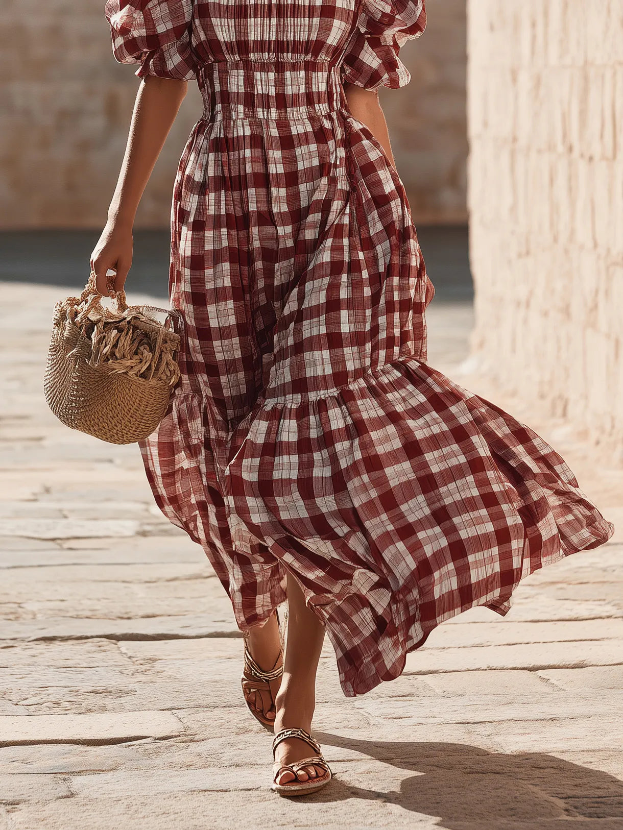 Cottagecore Burgundy Gingham Square Neck Puff Sleeve Tiered Midi Dress