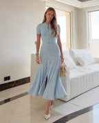 Elegant Ribbed Knit Midi Dress with Button Front & Side Slit - Casual Chic Summer Dress