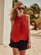 Bohemian Vacation Red Pleated Sleeveless Top