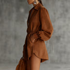 Brown Zip-Front Shirt Dress With Elastic Waist And Long Sleeves