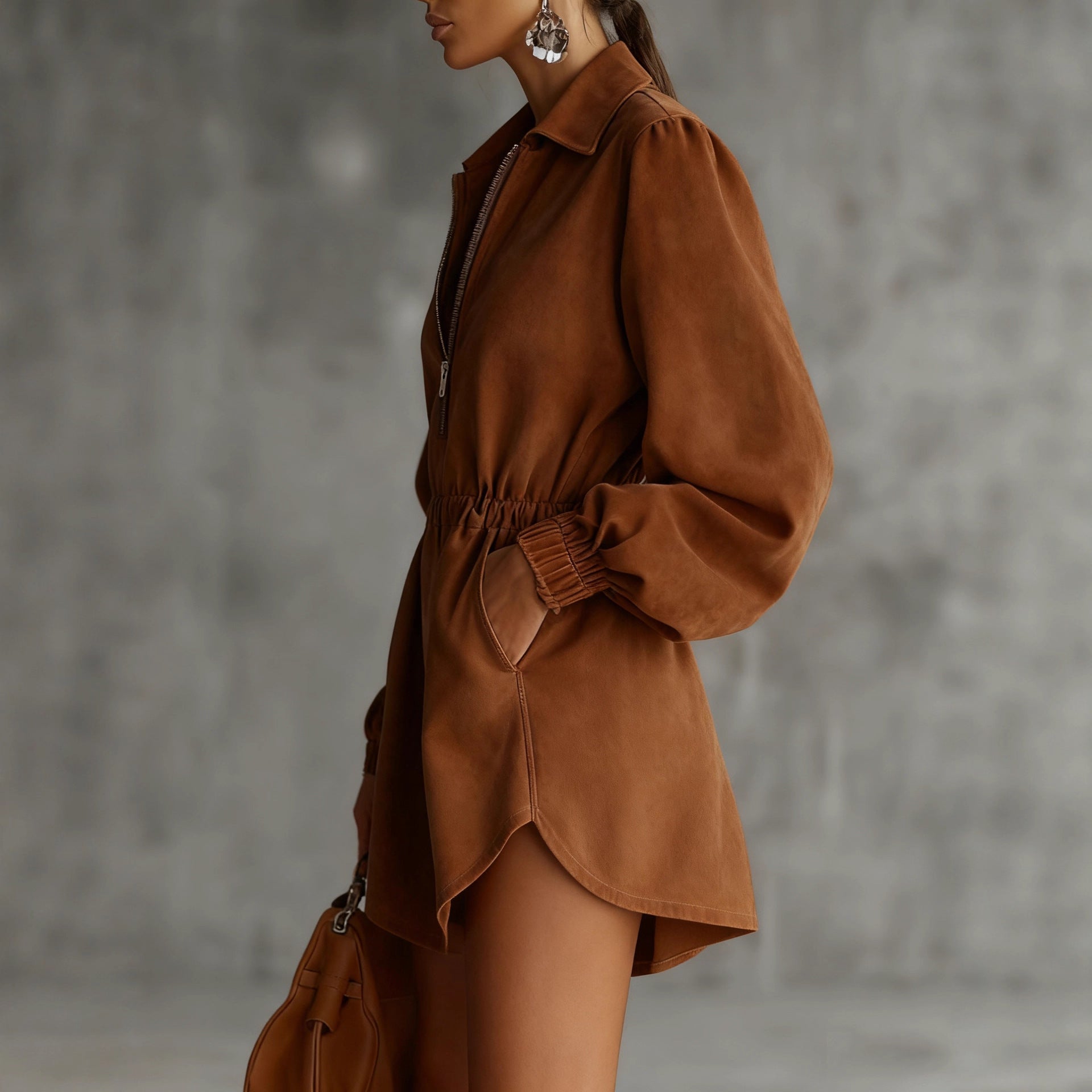 Brown Zip-Front Shirt Dress With Elastic Waist And Long Sleeves