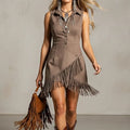 Women's Western Suede Navy & Coffee-Colored Collared Sleeveless Mini Dress With Asymmetrical Fringe And Waist-Cinching Detail