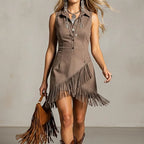 Women's Western Suede Navy & Coffee-Colored Collared Sleeveless Mini Dress With Asymmetrical Fringe And Waist-Cinching Detail