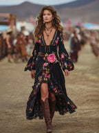 Floral Embroidered Cotton Maxi Dress With Lace Trim And High Slit