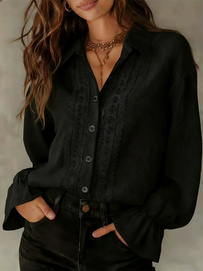 Women'S Solid Color Lapel Single-Breasted Shirt With Lace Splicing