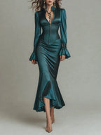 Emerald Satin Long-Sleeve Mermaid Maxi Dress with Ruffle Cuffs