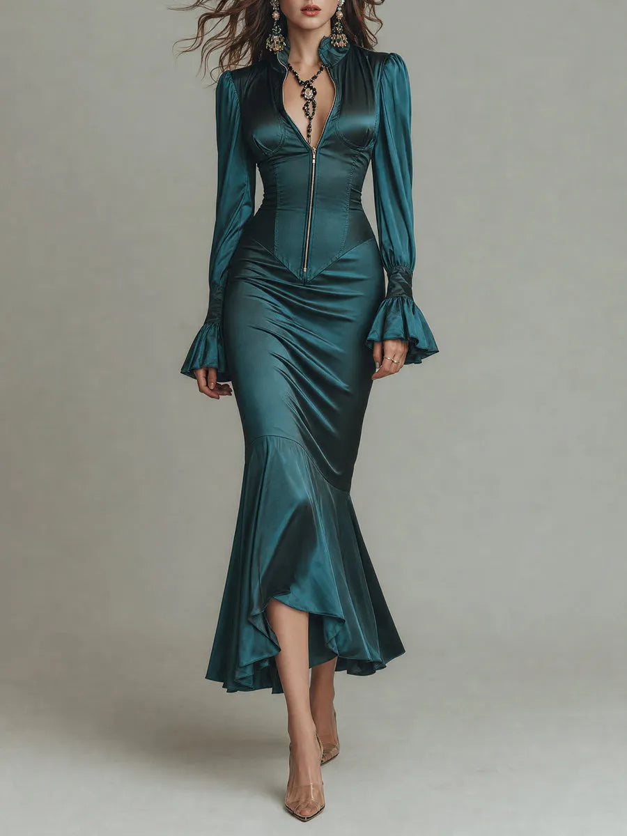 Emerald Satin Long-Sleeve Mermaid Maxi Dress with Ruffle Cuffs