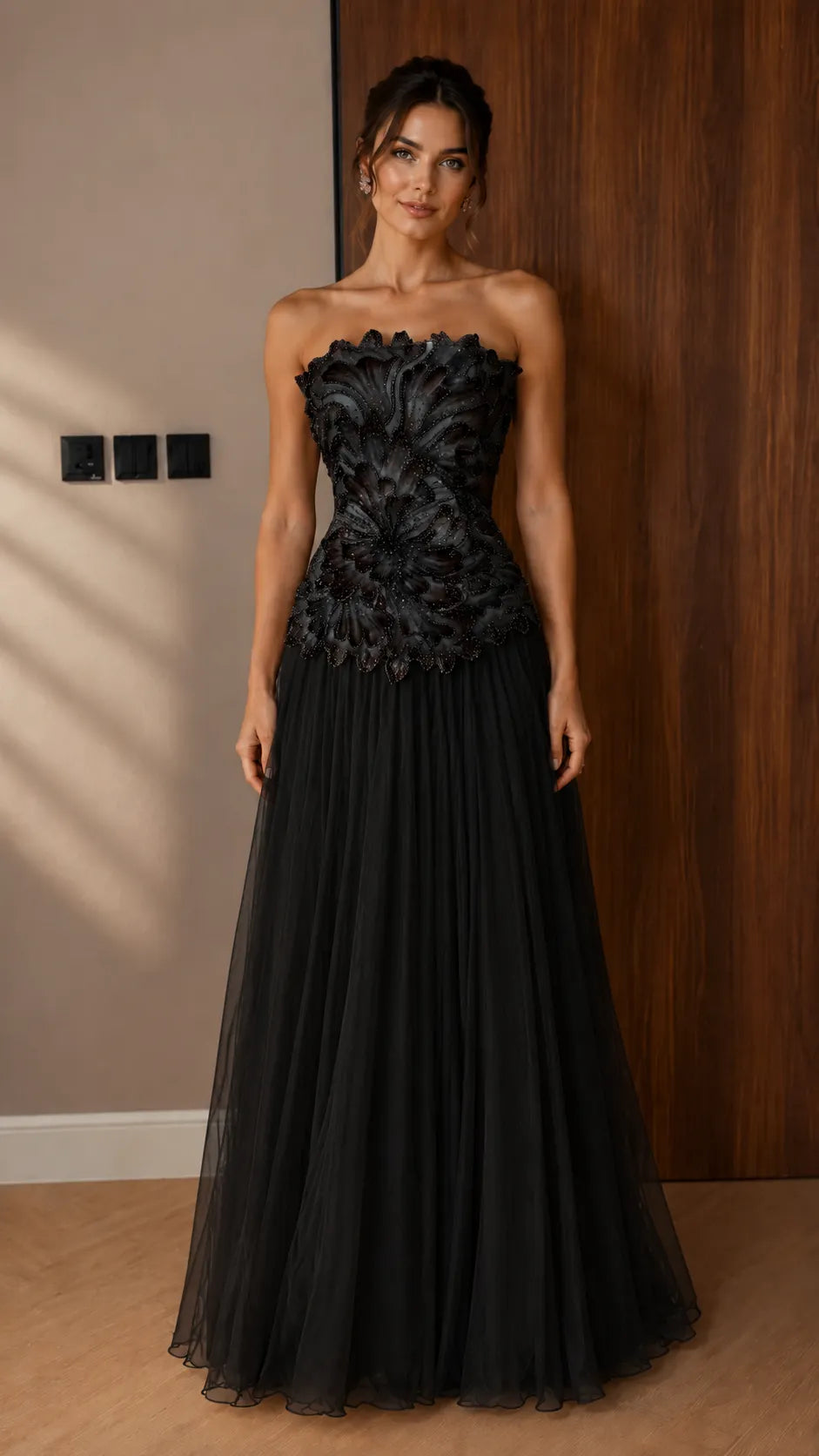 Strapless Appliqué Tulle Evening Gown - Pleated A-Line Formal Maxi Dress