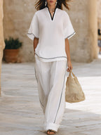 Mediterranean Holiday Textured Linen Blend White Black Piping V Neck Short Sleeve Top Wide Leg Pant Set