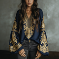 Linen Bohemian Embroidered Top Women's Loose Long Sleeve Peasant Blouse Ethnic Vintage Style Summer Casual Shirt