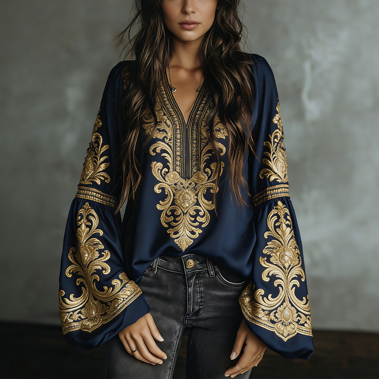 Linen Bohemian Embroidered Top Women's Loose Long Sleeve Peasant Blouse Ethnic Vintage Style Summer Casual Shirt