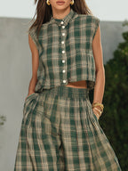 Casual Vacation Green Plaid Chiffon Print Sleeveless Shirt And Wide-leg Pants Set