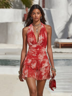 Vacation-style V-neck Sleeveless Printed Mini Dress