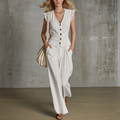 White Sleeveless V-Neck Button-Up Top With Lace Trim And Wide-Leg Pants Set