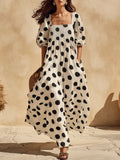 Retro Classic Polka Dot Square Neck Half-sleeve Maxi Dress